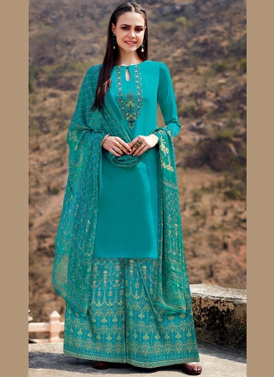 Blue color cotton Palazzo salwar kameez