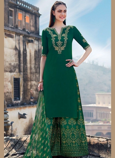 Dark green color cotton Palazzo salwar kameez