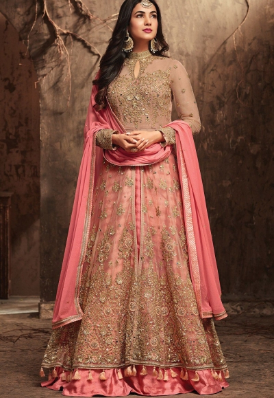 Sonal Chauhan Beige and Pink Net party wear anarkali kameez