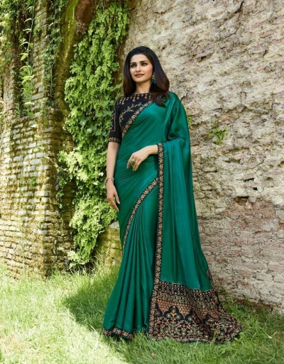 Bollywood Prachi Desai Teal green silk designer party wear saree