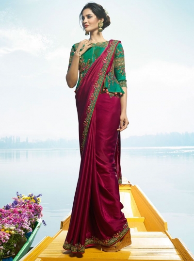 Magenta Color Barfi silk designer party wear saree