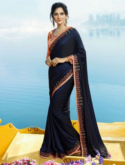 Navy blue and pinl Color Barfi silk designer party wear saree