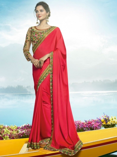 Pink Color Barfi silk designer party wear saree