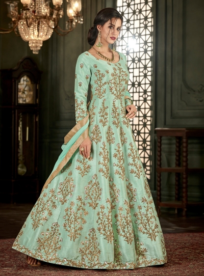 Sea Green Silk Long Indian wedding Anarkali Suit 32001