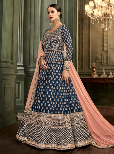 Navy Blue Silk Floor Length Indian wedding Anarkali Suit 32002