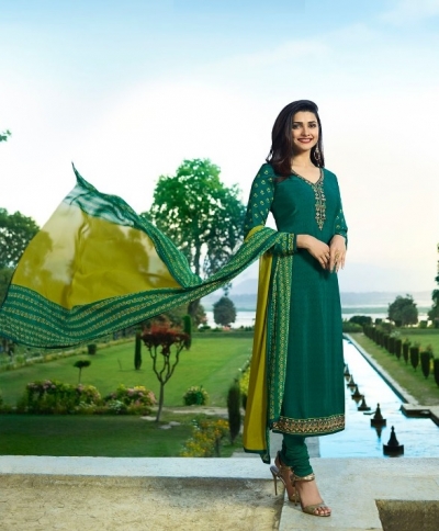 Prachi Desai Green Crepe silk straight cut Indian Churidar 7900