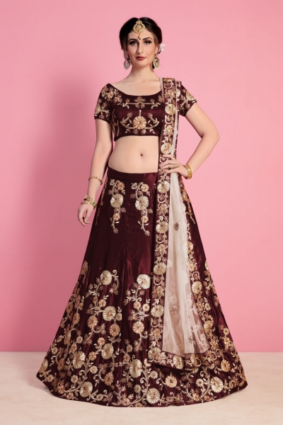 Maroon Velvet Silk Indian wedding wear lehenga choli 742