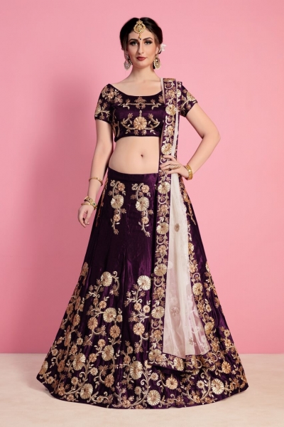 Wine Velvet Silk Indian wedding wear lehenga choli 743