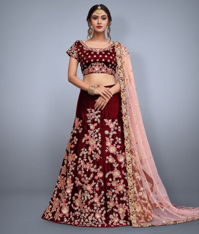 Maroon velvet Silk Indian wedding wear lehenga choli 745