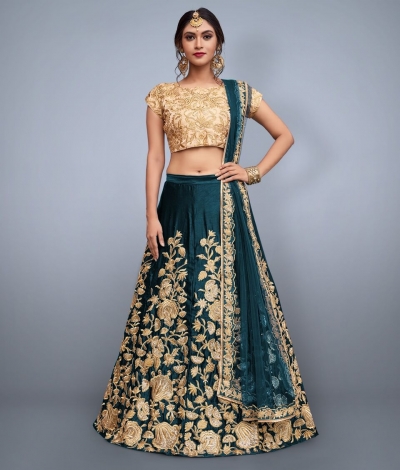 Teal Velvet Silk Indian wedding wear lehenga choli 753