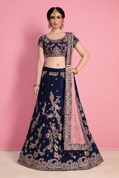 Navy blue velvet Indian wedding wear lehenga choli 823