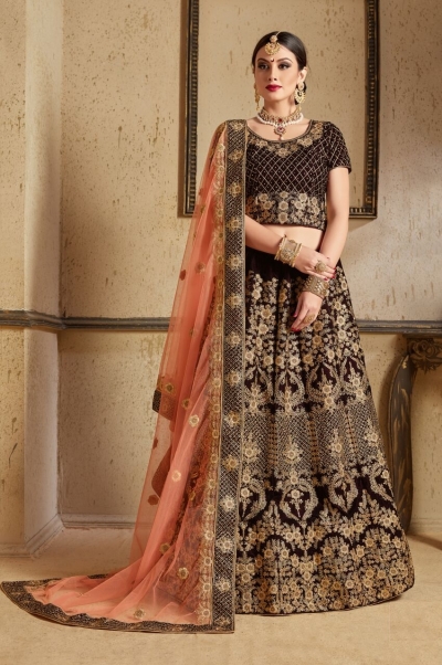 Navy blue peach Velvet Indian Wedding wear lehenga choli 1203