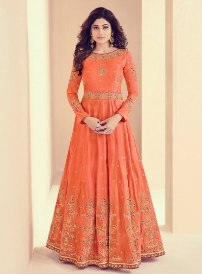 Shamita Shetty Peach Color Indian Wedding anarkali 8013