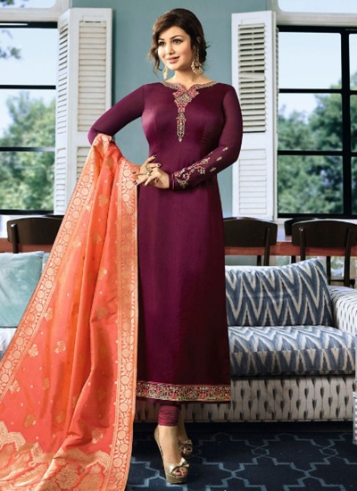 Ayesha Takia Wine color satin georgette straight cut Indian wedding salwar kameez 22121