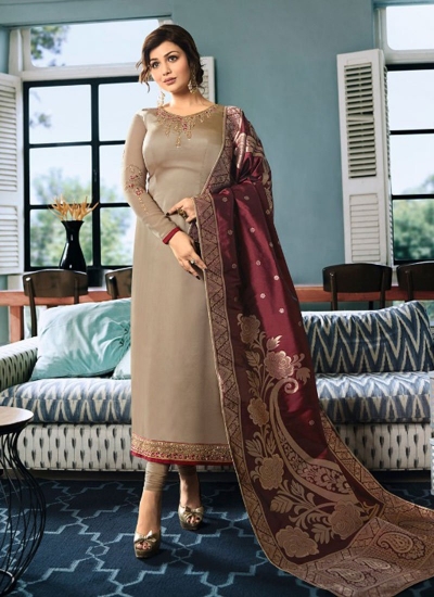 Ayesha Takia Beige color satin georgette straight cut Indian wedding salwar kameez 22124