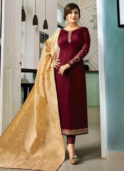 Ayesha Takia Maroon color satin georgette straight cut Indian wedding salwar kameez 22126