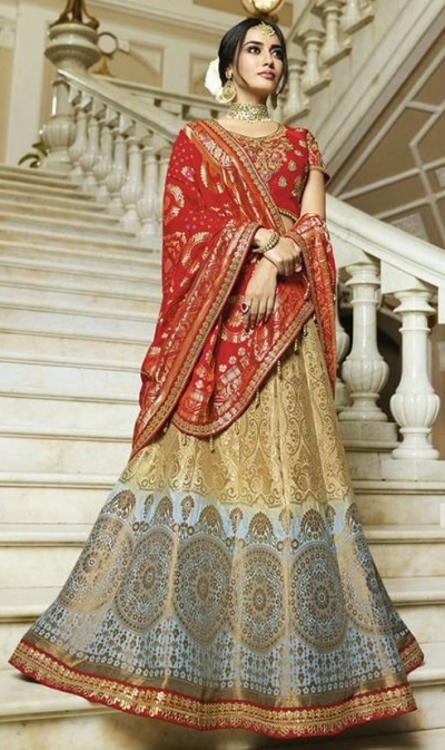 Blue beige shaded silk Indian wedding lehenga 13162