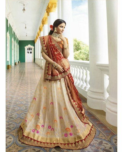 Off white silk Indian wedding lehenga 13164