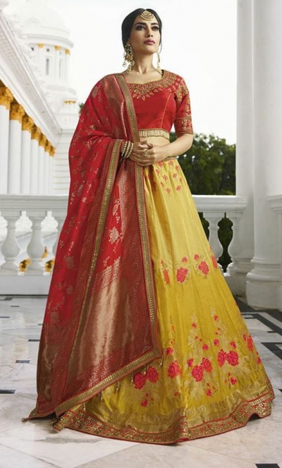 Mustard silk Indian wedding lehenga 13169