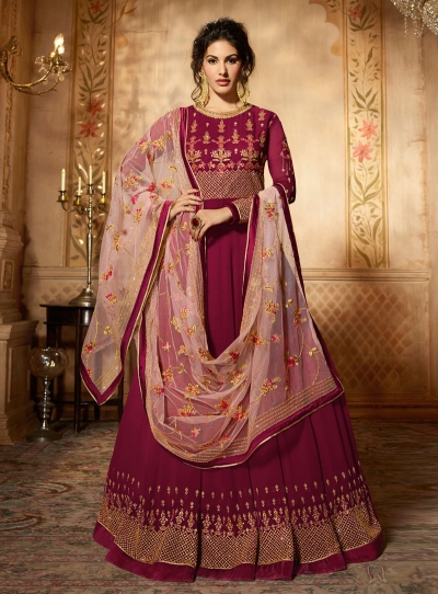 Amyra Dastur Magenta georgette wedding anarkali 9087