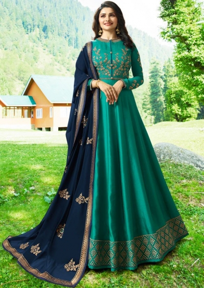 Bollywood Prachi Desai Teal Silk Indian wedding anarkali 8073