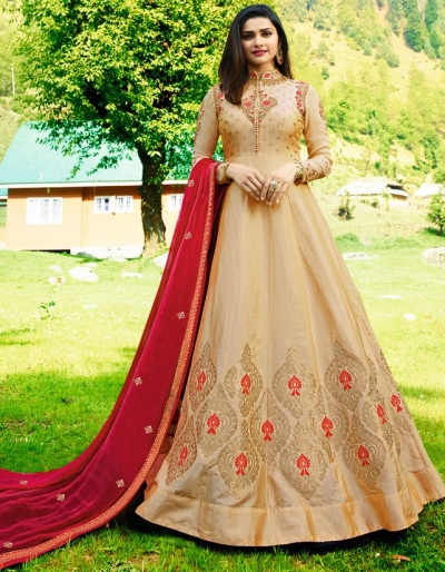 Bollywood Prachi Desai Cream Silk Indian wedding anarkali 8076