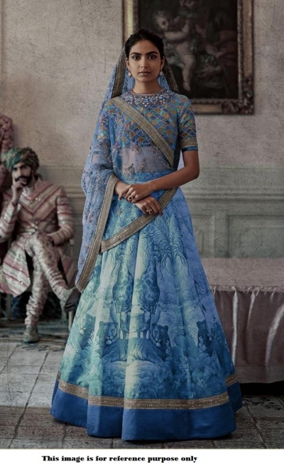 Bollywood Sabyasachi Inspired Digital blue silk wedding lehenga