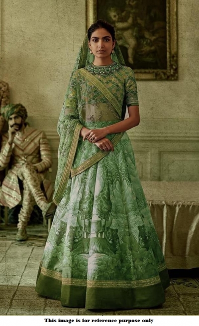 Bollywood Sabyasachi Inspired Digital green silk wedding lehenga