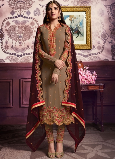 Beige color straight cut salwar kameez 10065