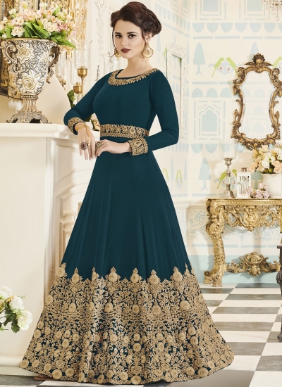 Teal georgette party wear anarkali 001G