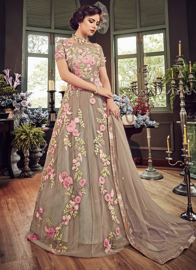 Beige color georgette party wear anarkali kameez 5803