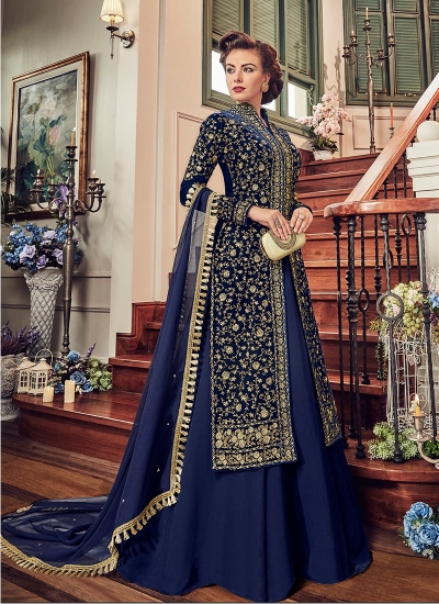 Navy blue color velvet party wear Lehenga kameez 5805