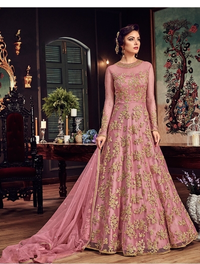 Pink color net party wear anarkali kameez 5807