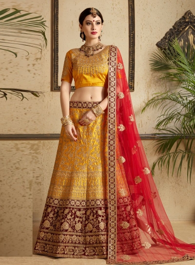 Mustuard satin wedding lehenga choli 1302