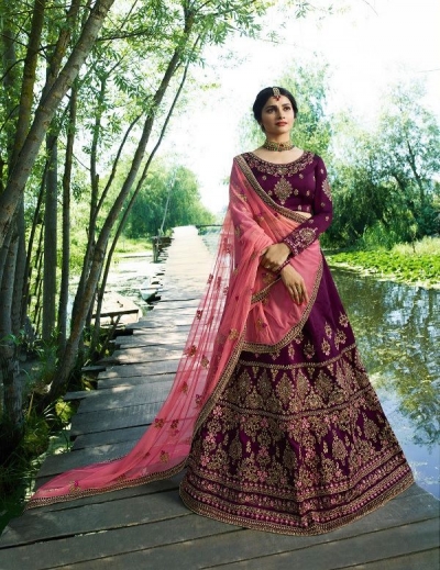 Prachi Desai Wine pink silk wedding wear lehenga choli 19773