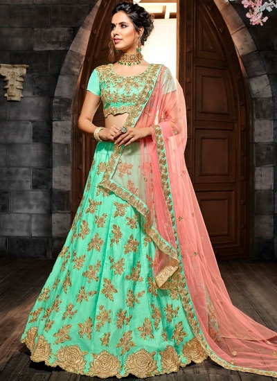 Green silk net wedding lehenga choli 4994