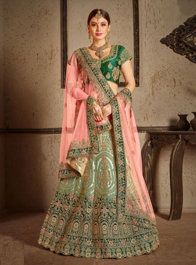 Green satin silk Indian Wedding lehenga choli 8001