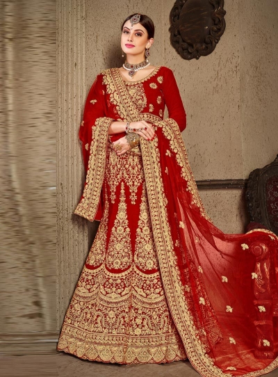 Red satin silk Indian Wedding lehenga choli 8003