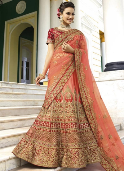 Peach heavy embroidered Indian wedding lehenga choli 13175