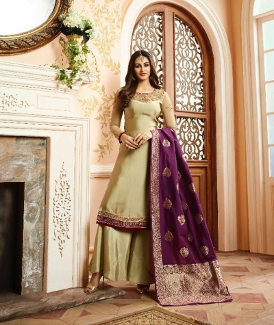 Cream purple silk festive wear palazzo suit 15102