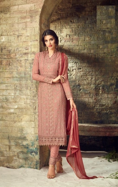 Peach heavy embroidered straight cut georgette salwar 53004