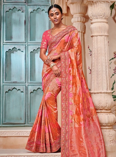 Orange and pinl color pure banarasi silk indian wedding saree 2001