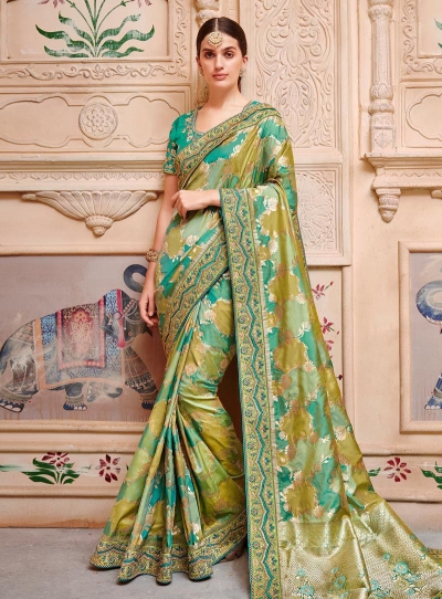 Green color pure banarasi silk indian wedding saree 2002