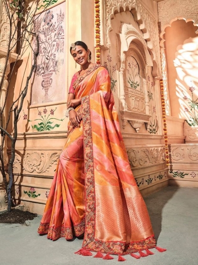 Orange pink stripes pure banarasi silk wedding saree 2003