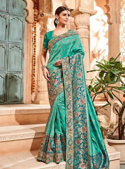 Sea green pure banarasi silk jacquard silk wedding saree 2004