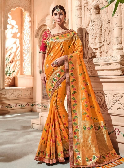 Mustuard pink color pure banarasi silk wedding saree 2014