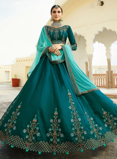 Teal green peach silk Indian wedding lehenga choli 803