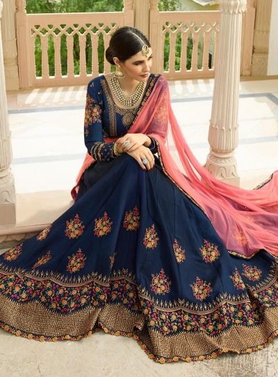 Blue pink silk Indian wedding lehenga choli 804