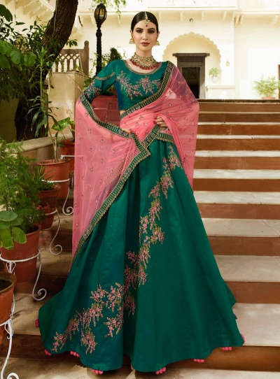 green pink lehenga choli