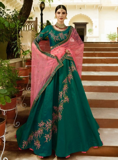 Teal Green pink silk Indian wedding lehenga choli 807